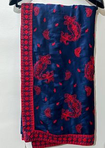 Elegant Navy &amp; Red Embroidered saree