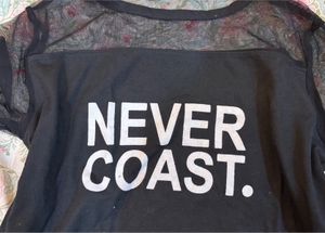 Black Sheer Sleeve "Never Coast" T-Shirt