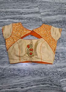 Beige & Orange Embroidered Blouse