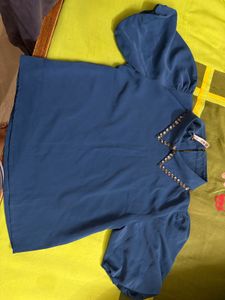 Blue Puff Sleeve Blouse with Embellished Collar