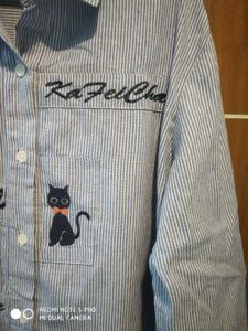 Cute Cat Striped Button-Up Shirt