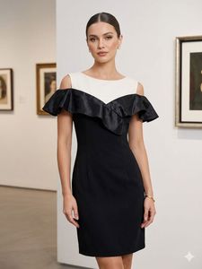 korean Elegant Black & Cream Off-Shoulder Dress
