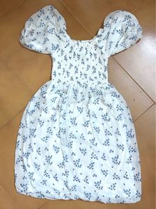 White &amp; Blue Floral Smocked Puff-Sleeve Mini Dress