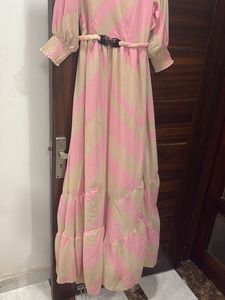 Chic Pink &amp; Beige Striped Maxi Dress