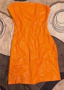 Vibrant Orange Faux Leather Strapless Dress
