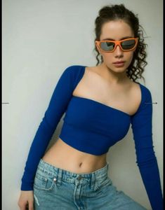 Blue Long Sleeve Crop Top