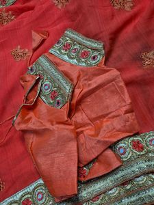 Vibrant Orange Embroidered Saree with Blouse