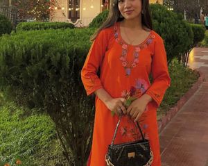 Embroidered Orange Kurta Set