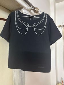 Black Embellished Short Sleeve Top