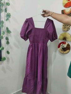 Purple Smocked Puff Sleeve Midi Dress