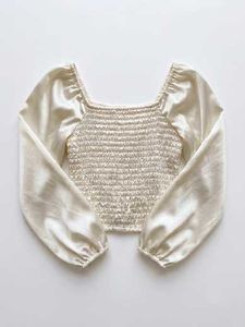 Cream Satin Ruched Long Sleeve Top