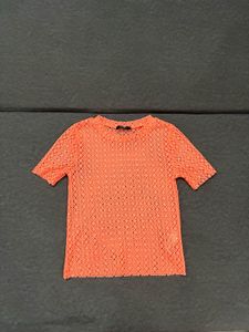 Neon Coral Crochet Short Sleeve Top