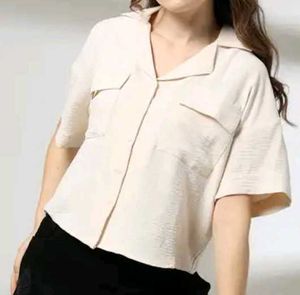 Cream Cropped resort Button-Up Shirt