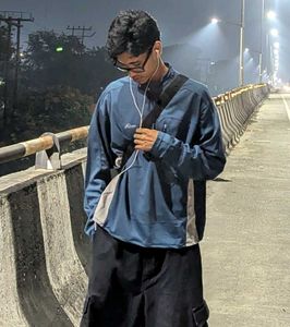 Korean Blue Half-Zip boxy fit Sports T-Shirt