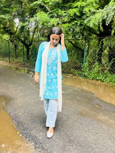 Beautiful Blue Kurta Set with White Dupatta