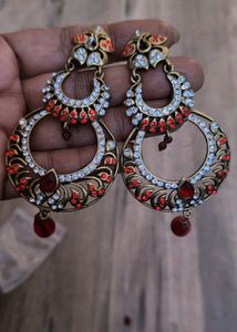 Exquisite Red & White Stone Jhumka Earrings