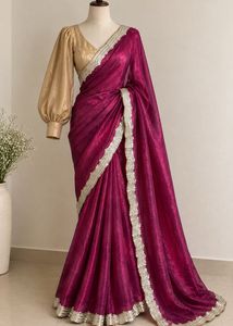 Magenta organza saree with off shoulder blouse