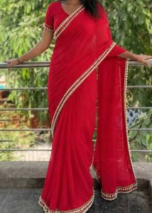 Elegant Red Saree with Pearl Border