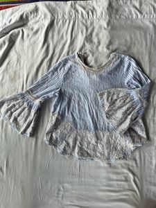Chic Striped Lace Bell Sleeve Top
