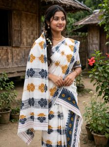 Elegant White Saree with Blue & Yellow Motifs