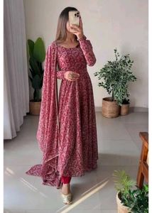 Red Anarkali Kurta With A Dupatta
