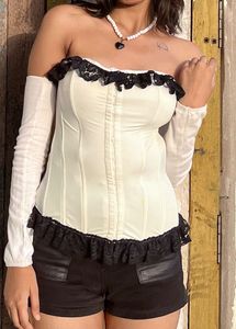 Ivory Corset Top with Black Lace Trim