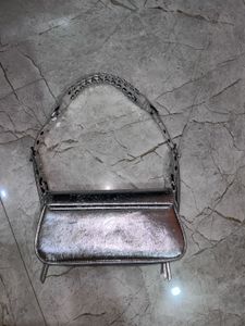 MANGO; Silver Metallic Shoulder Bag