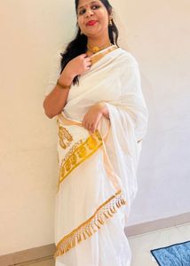 Elegant White Saree with Golden Border