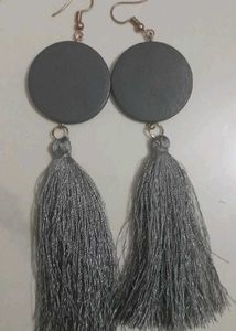 Grey Tassel Hoop Earrings