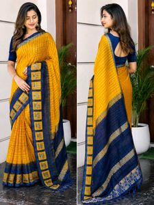 Yellow printed saree with stiched blouse ...