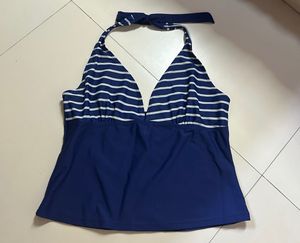 Navy Blue Striped Halter Neck Tankini Top