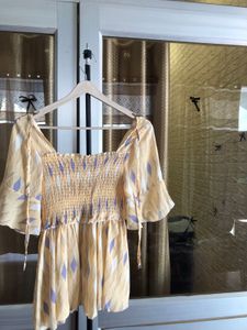 Yellow Smocked Print Top &amp; Wide Leg🎗️ Jeans