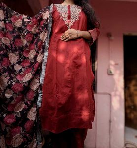 Red Embroidered Kurta Set with Dupatta