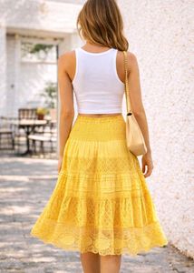New Pinterest Boho Yellow Smocked Tiered Midi Skir