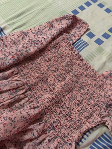 Pink Floral Smocked Puff Sleeve Top