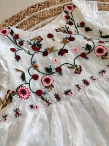 SHEIN Floral Embroidery Yoke Ruffle Trim Swiss Dot Smock Top