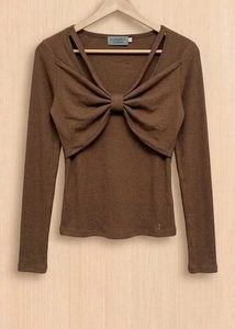 Chic Brown Bow Detail Long Sleeve Top