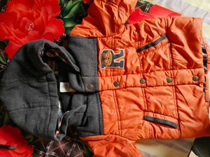 Orange Puffer Jacket with Grey Hood