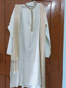 Cream Kurta Pajama Set with Dupatta.
