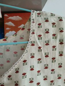 Cream Kurta with Red Floral Print