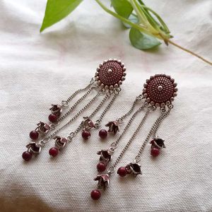 Dangle Earrings - Maroon &amp; Silver
