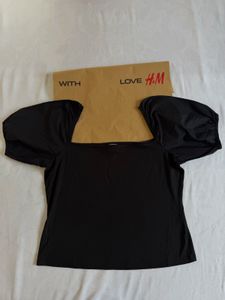 H&amp;M Black Puff Sleeve Square Neck Top