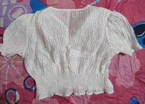 White Crinkle V-Neck Puff Sleeve Top