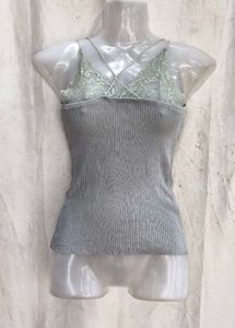 Grey Ribbed Lace Trim Camisole Top