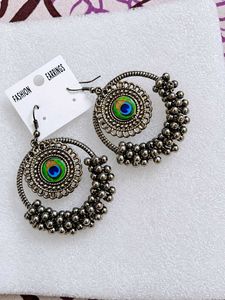 Bohemian Peacock Feather Hoop Earrings