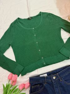 Green Ribbed Button-Up Cardigan