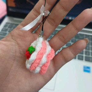 Crocheted Strawberry Cake Charm Keychain