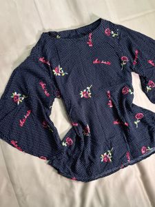 Navy Blue Floral Print Bell Sleeve Top