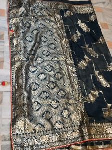 Elegant navy blue Banarasi Saree