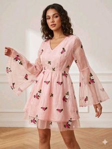 Chic Embroidered Bell Sleeve Mini Dress
